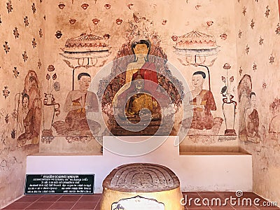 Mural painting and four Buddha footprints stacked together in the sanctuary of Buppharam temple Wat Buppharam or Wat Plai Khlong Editorial Stock Photo