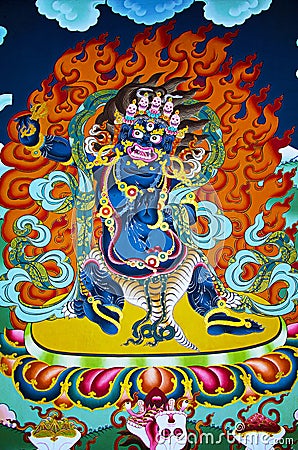 Mural painting of Lord of Death on the wall. Located inside the Royal Palace known as Dechencholing Palace. Thimphu Editorial Stock Photo