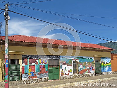 Mural paintings on house, Ruta De Las Flores, El Salvador Editorial Stock Photo