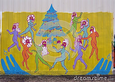 Mural by Sam Loa for Tinsel Dallas, a free show given in West Dallas inspired by the `Twelve days of Christmas`. Editorial Stock Photo