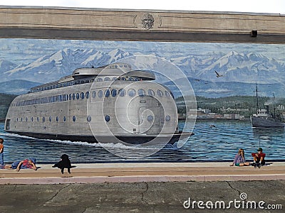 Mural showing art deco ferry in Port Angeles,WA Editorial Stock Photo