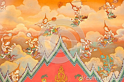 Mural on the wall of Buddhist church Stock Photo