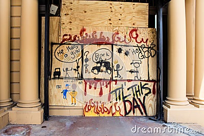 Murals on Boarded Up Windows in the Short North area of Columbus Editorial Stock Photo