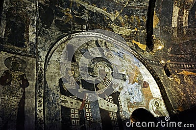 Murals of the Church of the Dormition in Vardzia cave monastery in Georgia Stock Photo