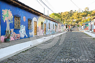 Murals on homes at Conception de Ataco in El Salvador Editorial Stock Photo