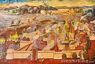 Murals on the wall of the surrounding Gallery of Wat Phra Kaew Temple in Grand Palace, on May 12 in Bangkok, Thailand Editorial Stock Photo