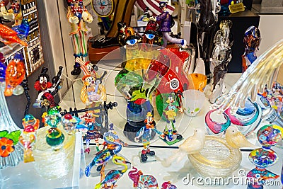 Murano glass products in souvenir shop in Venice Editorial Stock Photo