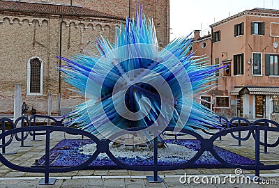 Blue sculpture made of murano glass on Murano island. Editorial Stock Photo