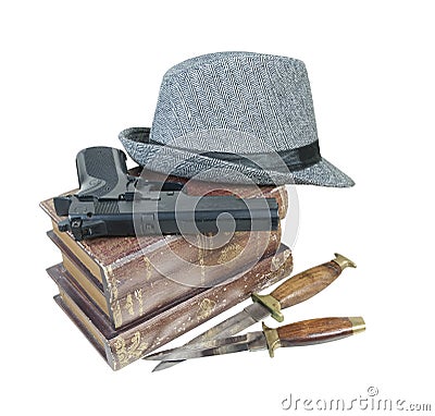 Murder Mystery Books Gun Knives Hat Stock Photo