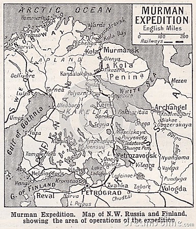 Vintage map of the Murman Expedition Editorial Stock Photo