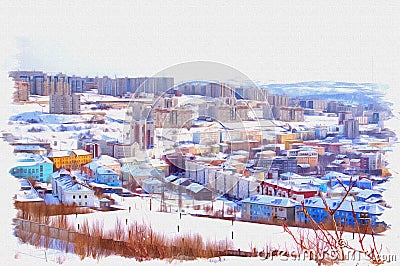 Murmansk. Cityscape. Imitation of a picture. Oil paint. Illustration Stock Photo