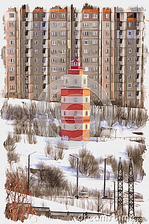 Murmansk. Cityscape. Lighthouse. Imitation of a picture. Oil paint. Illustration Stock Photo