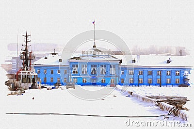 Murmansk. Maritime Station. Snowfall. Imitation of a picture. Oil paint. Illustration Stock Photo