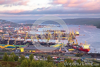 Murmansk, Russia - July 1, 2019: Panorama northern city. Cargo Port gulf of sea. Blue sky Editorial Stock Photo