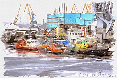 Murmansk, winter, snowfall. Sea Cargo Port. Imitation of a picture. Oil paint. Illustration Stock Photo
