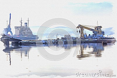 Murmansk, winter, snowfall. Sea Cargo Port. Imitation of a picture. Oil paint. Illustration Stock Photo