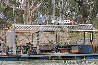 Murray River, South Australia - Jun 3 2006: Floating river bank hotel on the Murray River. Wineries and hotels are common Editorial Stock Photo