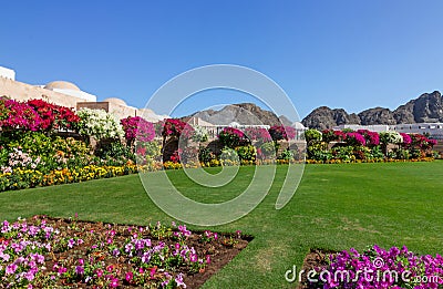 Muscat, Oman. Mountain town view. Sultan Qaboos palace Stock Photo