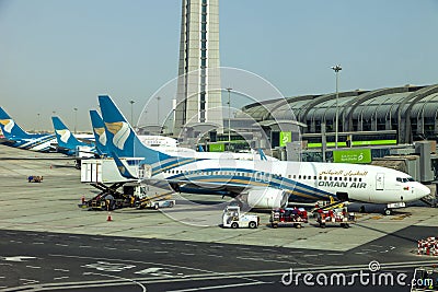 Muscat, Oman, picture dated 31 September 2018 Muscat new airport with Oman air planes. Editorial Stock Photo