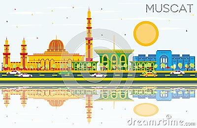 Muscat Skyline with Color Buildings, Blue Sky and Reflections. Stock Photo