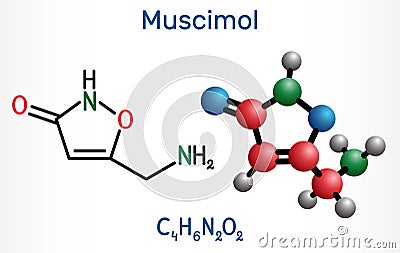Muscimol, agarin, pantherine molecule. It is the main psychoactive component of the Amanita muscaria, red fly agaric and related Vector Illustration