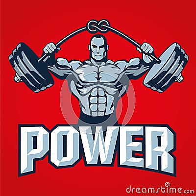 Muscle bodybuilder man lifting heavy barbell with knot. Gym logo template or t shirt print design. Vector illustration Vector Illustration