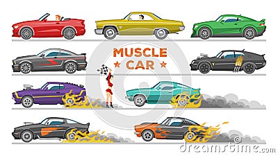 Muscle car vector racing speedcar on a track and retro race auto driving on rally sport event formula automobile Vector Illustration