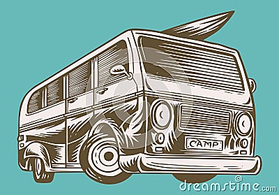 Muscle car or vintage transport. Classic Retro old school van. Poster or Banner. Engraved hand drawn sketch for logo and Vector Illustration