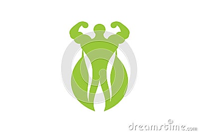 muscle, green leaf, healthy food athlete logo inspiration isolated on white background. Vector Illustration