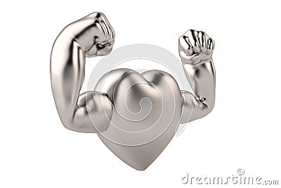 Muscle hands on steel heart 3D illustration Cartoon Illustration