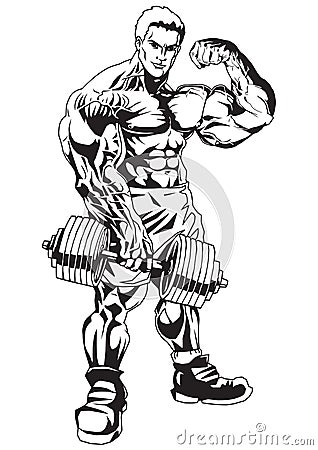 muscular bodybuilder with dumbbells pose biceps one hand Vector Illustration