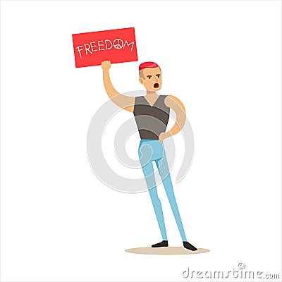 Muscly Guy With Dyed Hair Marching In Protest With Banner, Screaming Angry, Protesting And Demanding Political Freedoms Vector Illustration