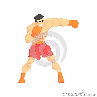 Muscly Man Boxing Martial Arts Fighter, Fighting Sports Professional In Traditional Fighting Sportive Clothing Vector Illustration