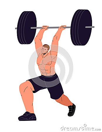 Muscular athlete press barbell. Strong man go weightlifting, powerlifting. Bodybuilder with naked torso lifting weight Vector Illustration