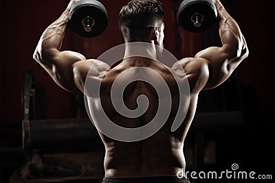 Muscular athlete trains hard, heaving weighty dumbbells with determination Stock Photo