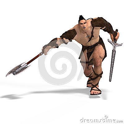 Muscular Barbarian Fight with Sword and Axe Stock Photo