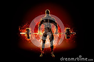 Muscular bodybuilder with barbell. Fire explode concept. 3d illu Cartoon Illustration