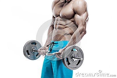 Muscular bodybuilder guy doing exercises with dumbbells Stock Photo