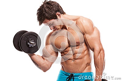 Muscular bodybuilder guy doing exercises with dumbbells over white background Stock Photo