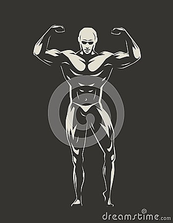 Muscular bodybuilder with hands up demonstrating strength. Gym, bodybuilding, sports concept. Vector illustration Vector Illustration