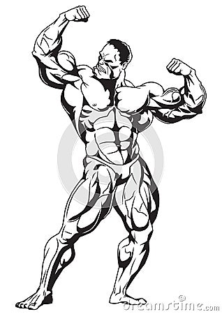 Super muscular bodybuilder pose biceps front view Vector Illustration