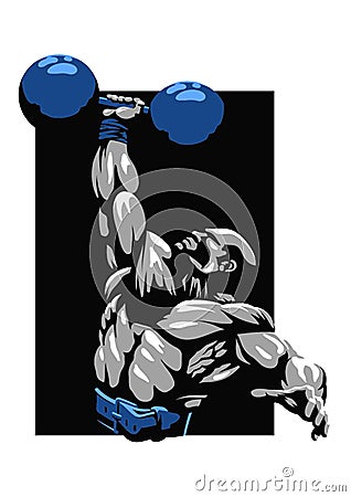 Muscular bodybuilder lifts a weight with one hand Vector Illustration