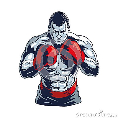 Muscular boxer isolated on white. Champion boxing, stylized vector illustration. Vector Illustration