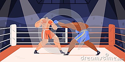 Muscular boxers fighting on boxing ring. Sparring of strong fighters in shorts and gloves on sports arena. Fighter Cartoon Illustration