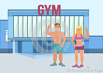 Muscular brutal man with athletic girl in a gym. A pair of man and woman proudly show their muscles in strong arms Vector Illustration