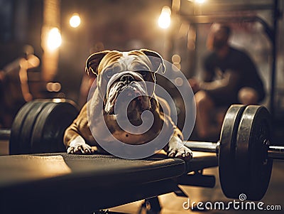 A muscular bulldog on a gym bench exudes fitness vibes, adding humor and motivation to workout scenes. This image is ideal for Stock Photo