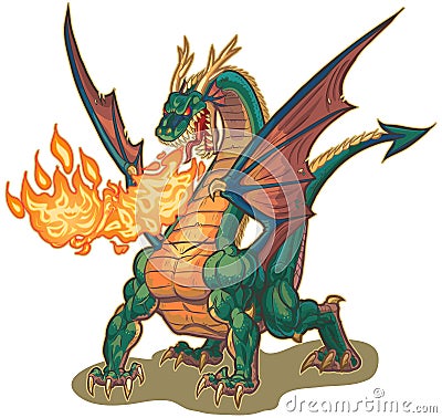 Muscular Dragon Breathing Fire Vector Illustration Vector Illustration