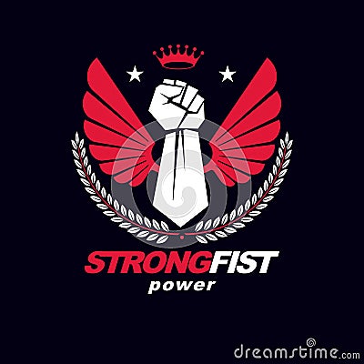 Muscular fist of a strong man vector illustration made with eagle wings, pentagonal star and laurel wreath. King of the boxing ri Vector Illustration