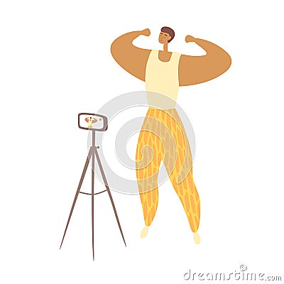 Muscular guy posing in front of the camera. Fitness blogger records video. Sports influencer takes a photo. Vector flat Vector Illustration