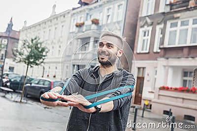 Man working out in the city. Healthy regimen Stock Photo